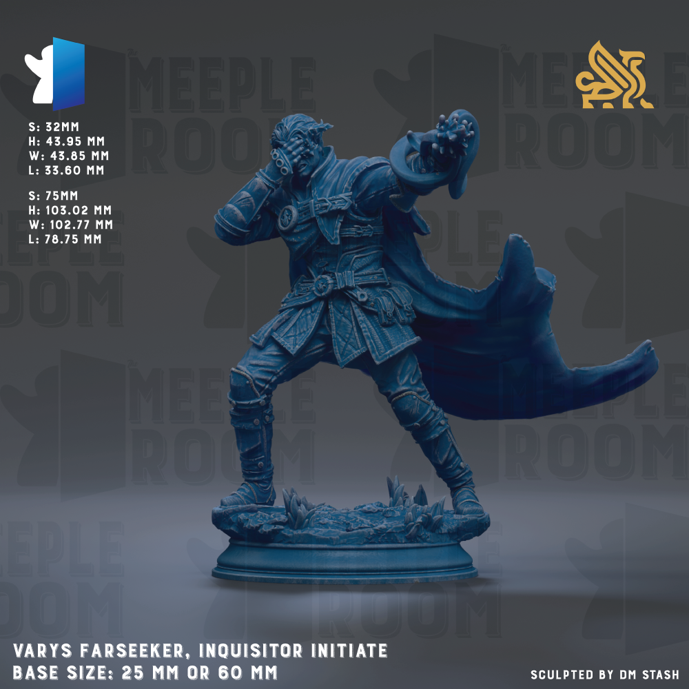 The image is a figurine of a character named Meeples Farseeing, an initiator initiate, standing on a base size of 25mm or 60mm. The figurine is depicted in a dynamic pose, with a cape billowing behind it. The background of the image is dark, which contrasts with the figurine and makes it stand out. The image does not contain any text, and the figurine is the sole focus of the image.