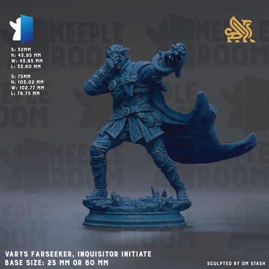 The image is a figurine of a character named Meeples Farseeing, an initiator initiate, standing on a base size of 25mm or 60mm. The figurine is depicted in a dynamic pose, with a cape billowing behind it. The background of the image is dark, which contrasts with the figurine and makes it stand out. The image does not contain any text, and the figurine is the sole focus of the image.