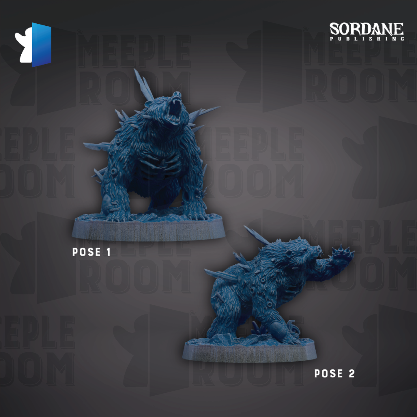 two blue bear figurines posed on platforms, with the text "Pose 1" and "Pose 2" indicating the pose of each bear.