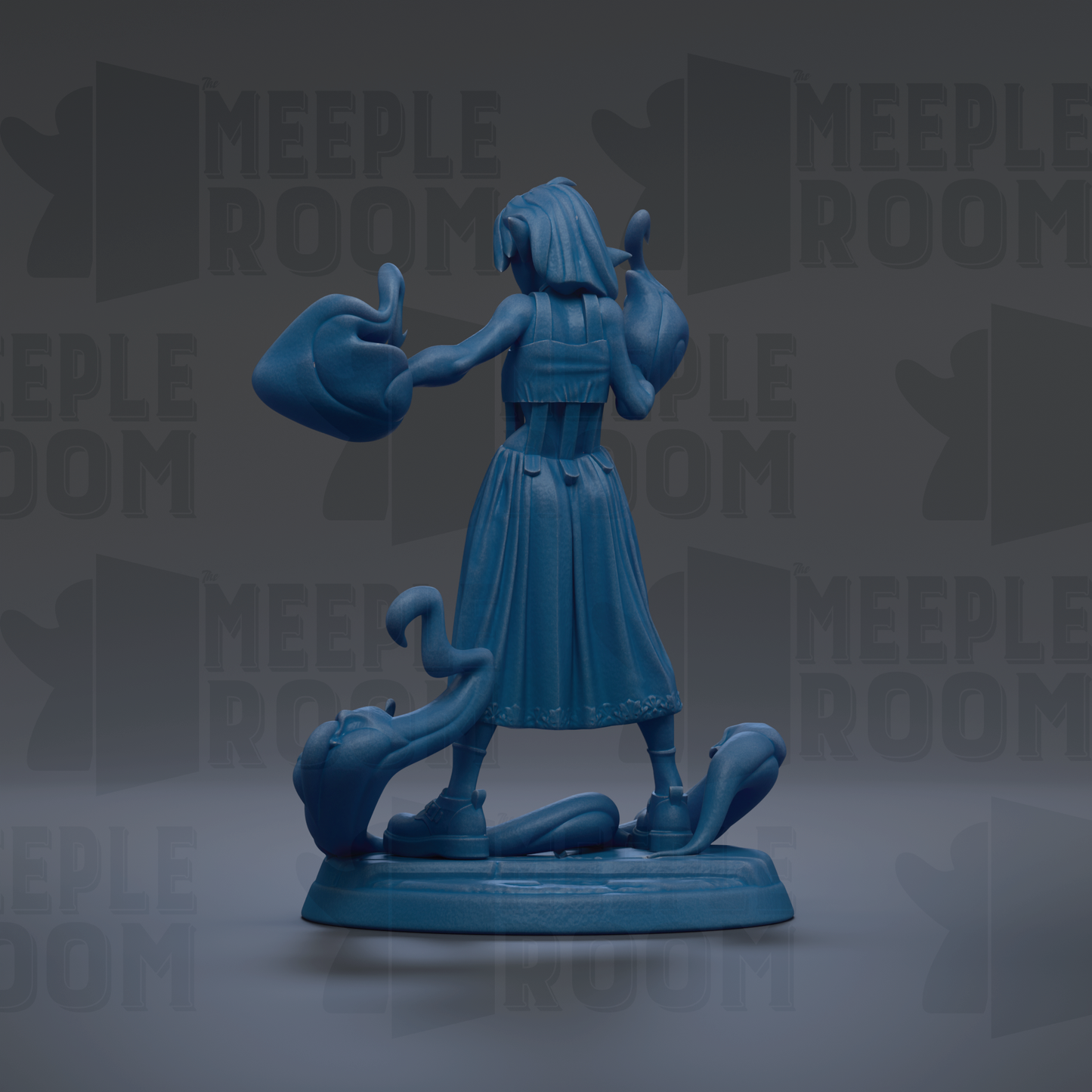 A blue figurine of a woman with a long dress and a hat, standing on a base and holding a hat in her hand.