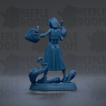 A blue figurine of a woman with a long dress and a hat, standing on a base and holding a hat in her hand.