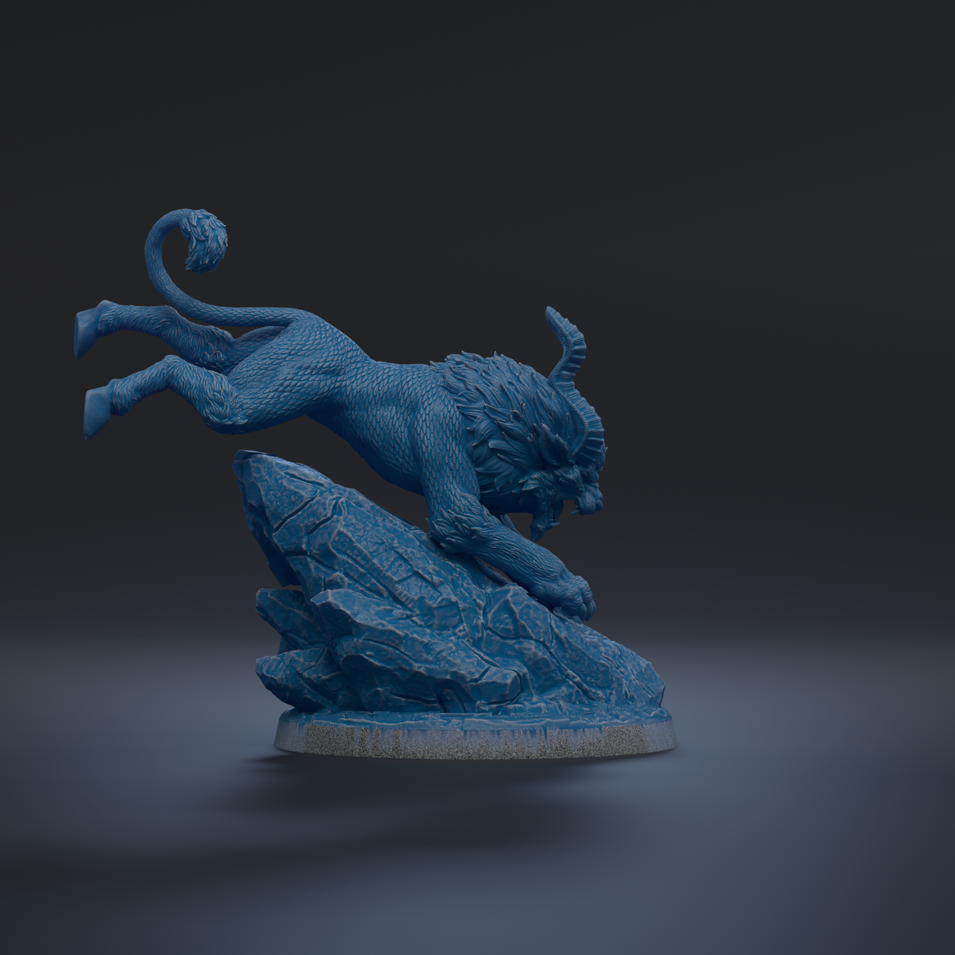 A blue, 3D-rendered statue of a lion in mid-leap, with its tail curled upwards and its mouth open, standing on a rock formation.