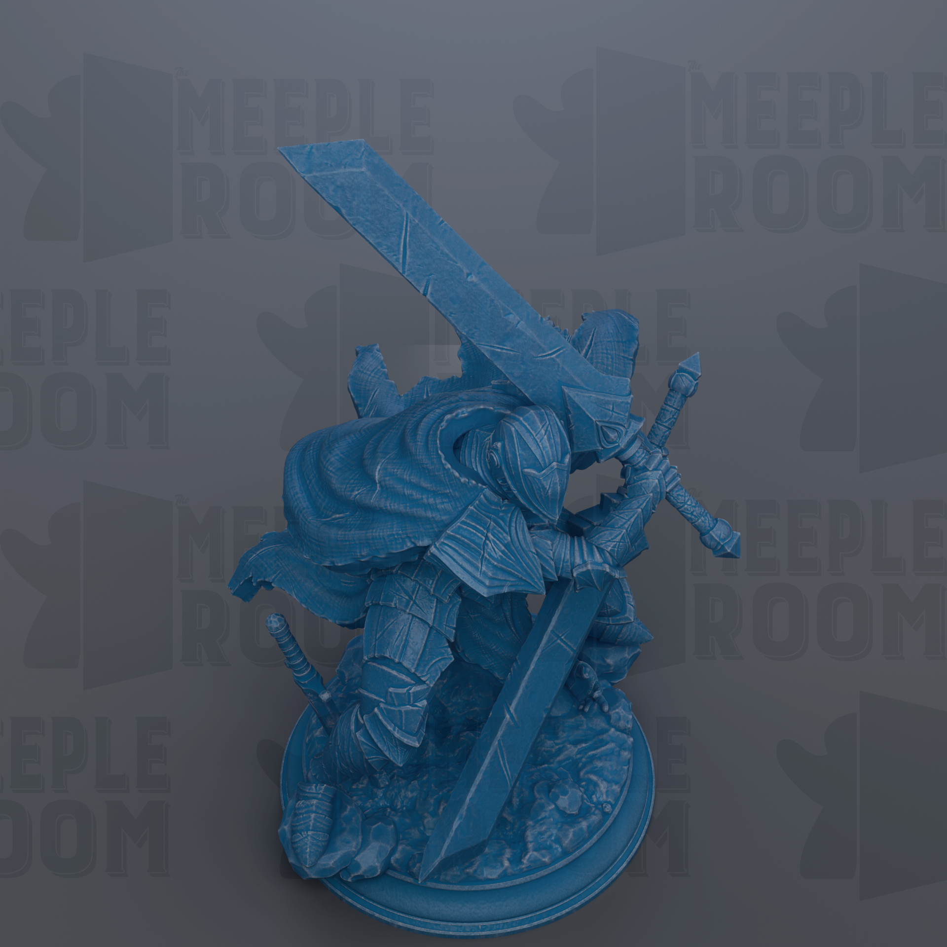 A blue figurine of a warrior wielding a sword and shield, set against a dark background with repeated text.