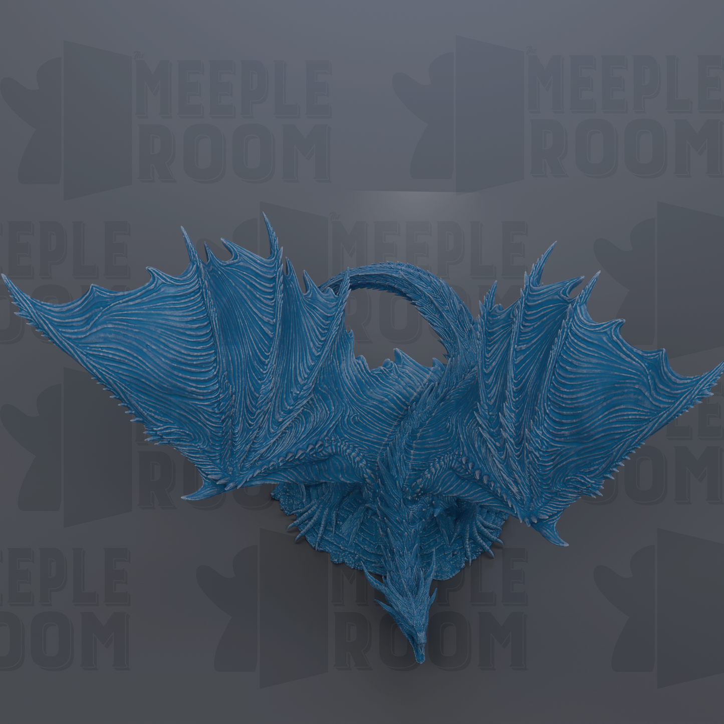 A blue dragon sculpture with intricate details and flowing wings is displayed against a dark background with repeated text.