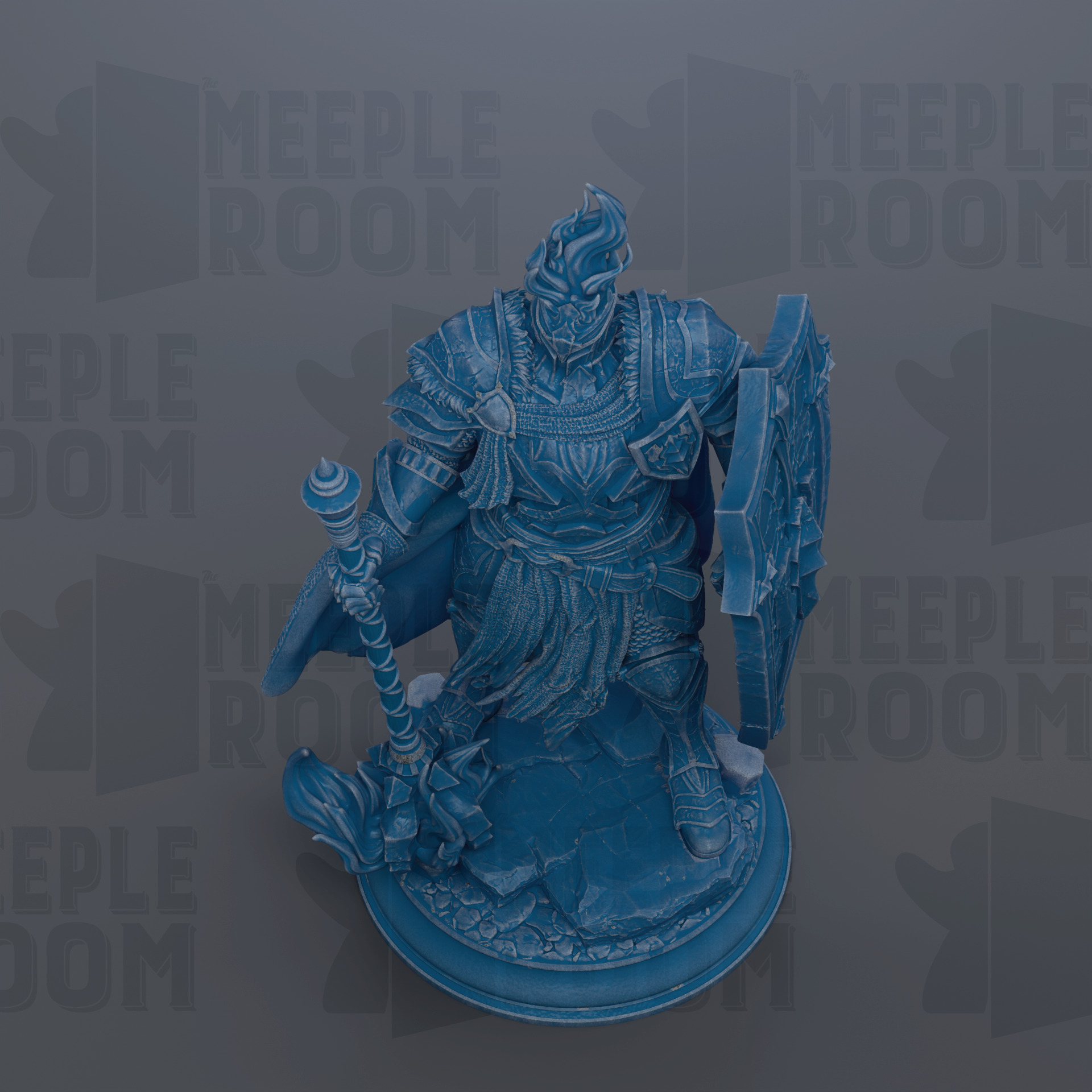 A blue figurine of a warrior standing on a pedestal, holding a shield and a staff.