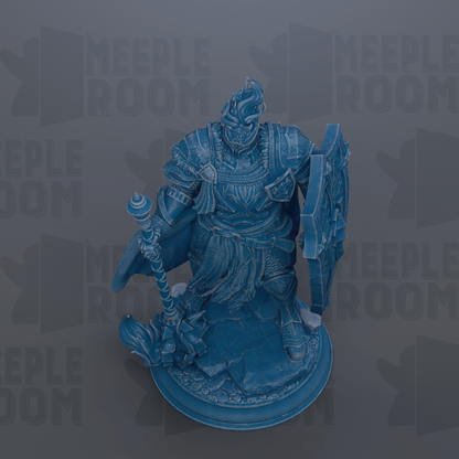 A blue figurine of a warrior standing on a pedestal, holding a shield and a staff.