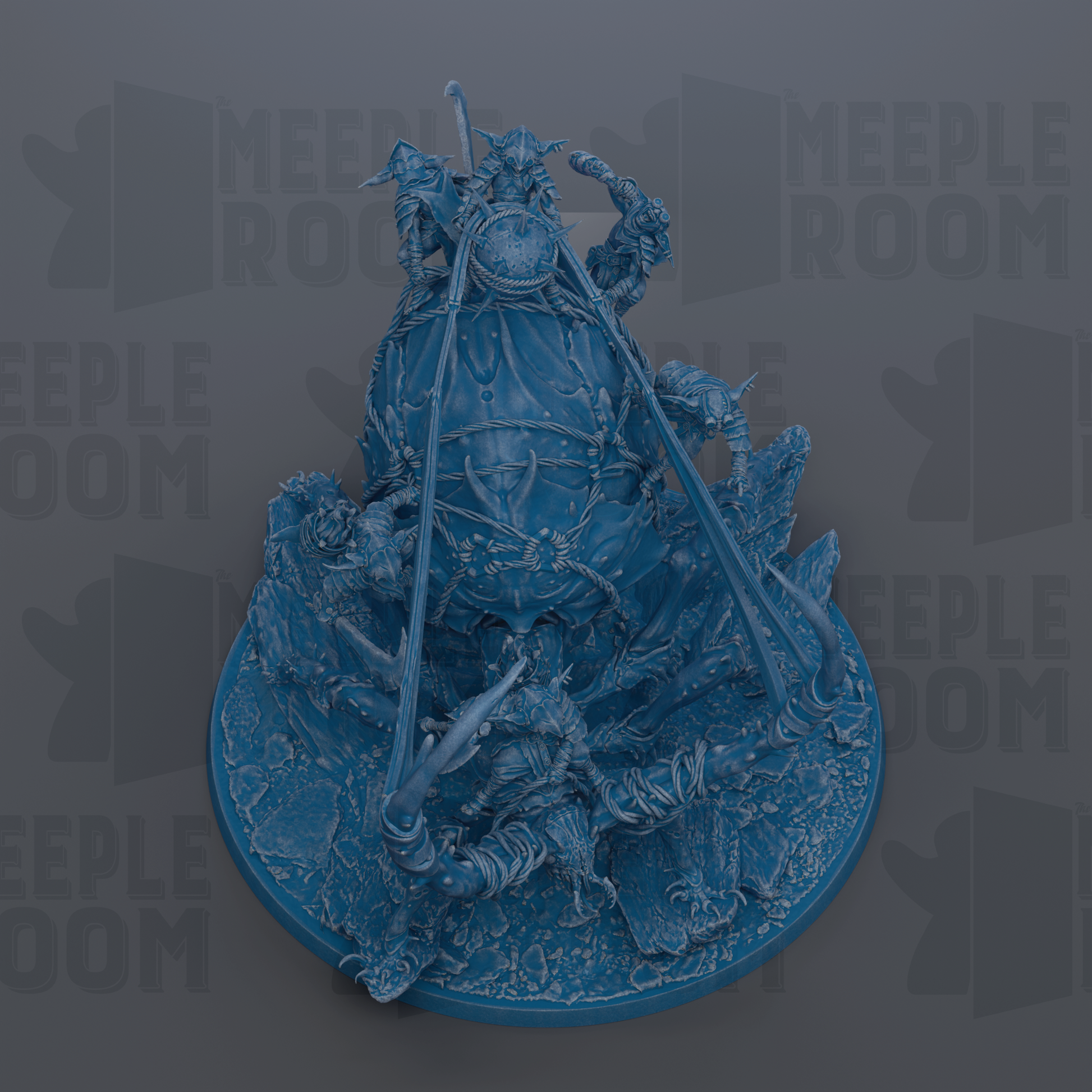 A detailed 3D rendering of a fantastical creature, possibly a dragon or serpent, with intricate details and textures. The creature is surrounded by various elements, such as rocks and plants, creating a complex and visually striking scene.