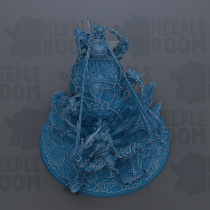 A detailed 3D rendering of a fantastical creature, possibly a dragon or serpent, with intricate details and textures. The creature is surrounded by various elements, such as rocks and plants, creating a complex and visually striking scene.