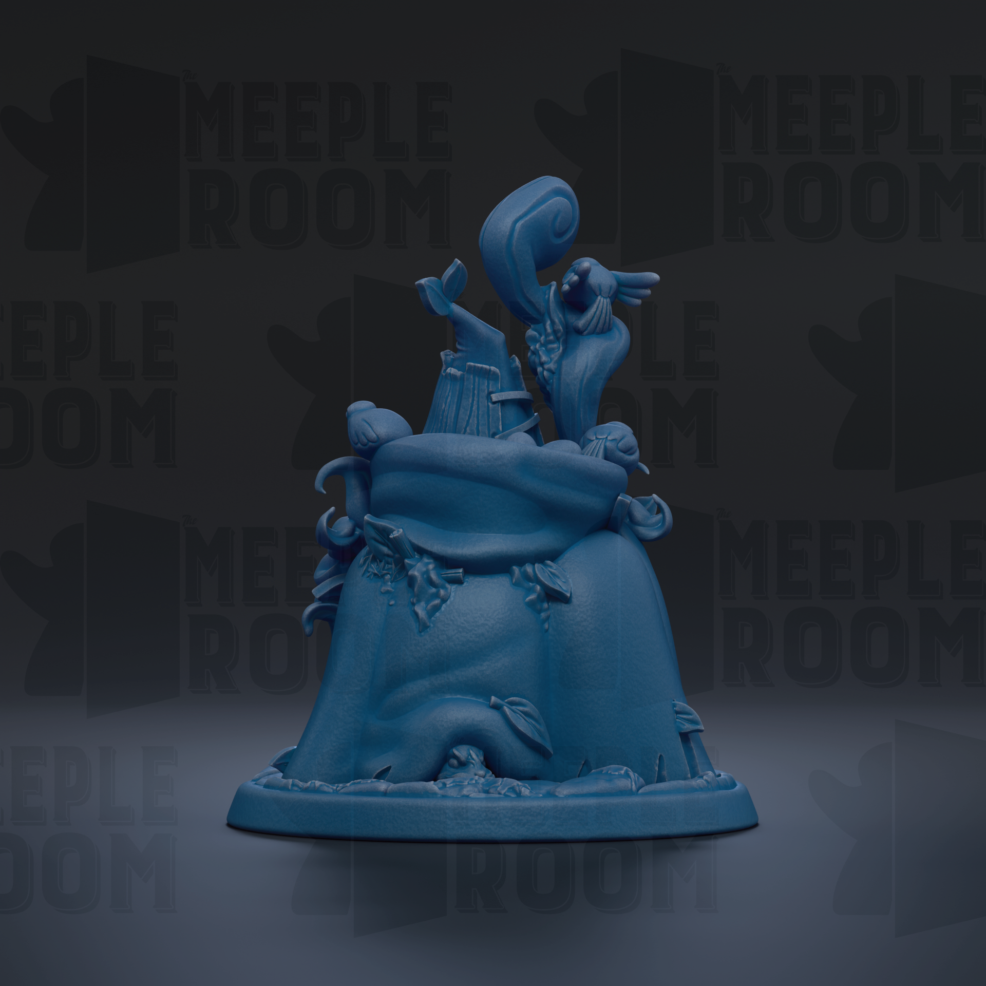 A blue, 3D-rendered figurine of a whimsical, fantastical creature with a large head and a long neck, sitting on a rock formation.