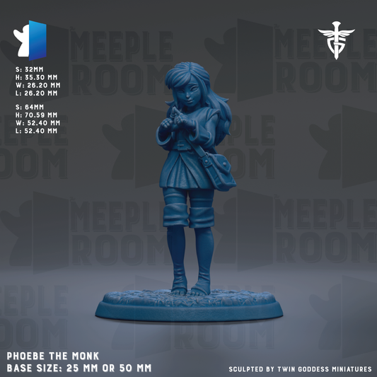 a figurine of a woman, specifically named "Phobe the Monk", with a base size of either 25mm or 50mm.