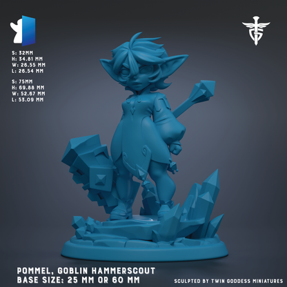 The image is a 3D model of a pommel, a type of magical creature, in the form of a figurine or sculpture. The pommel is depicted in a dynamic pose, holding a hammer and surrounded by crystals or rocks. The base size of the pommel is either 25 mm or 60 mm, depending on the perspective. The image is a 3D rendering of the pommel, and it is presented in a detailed and realistic manner.