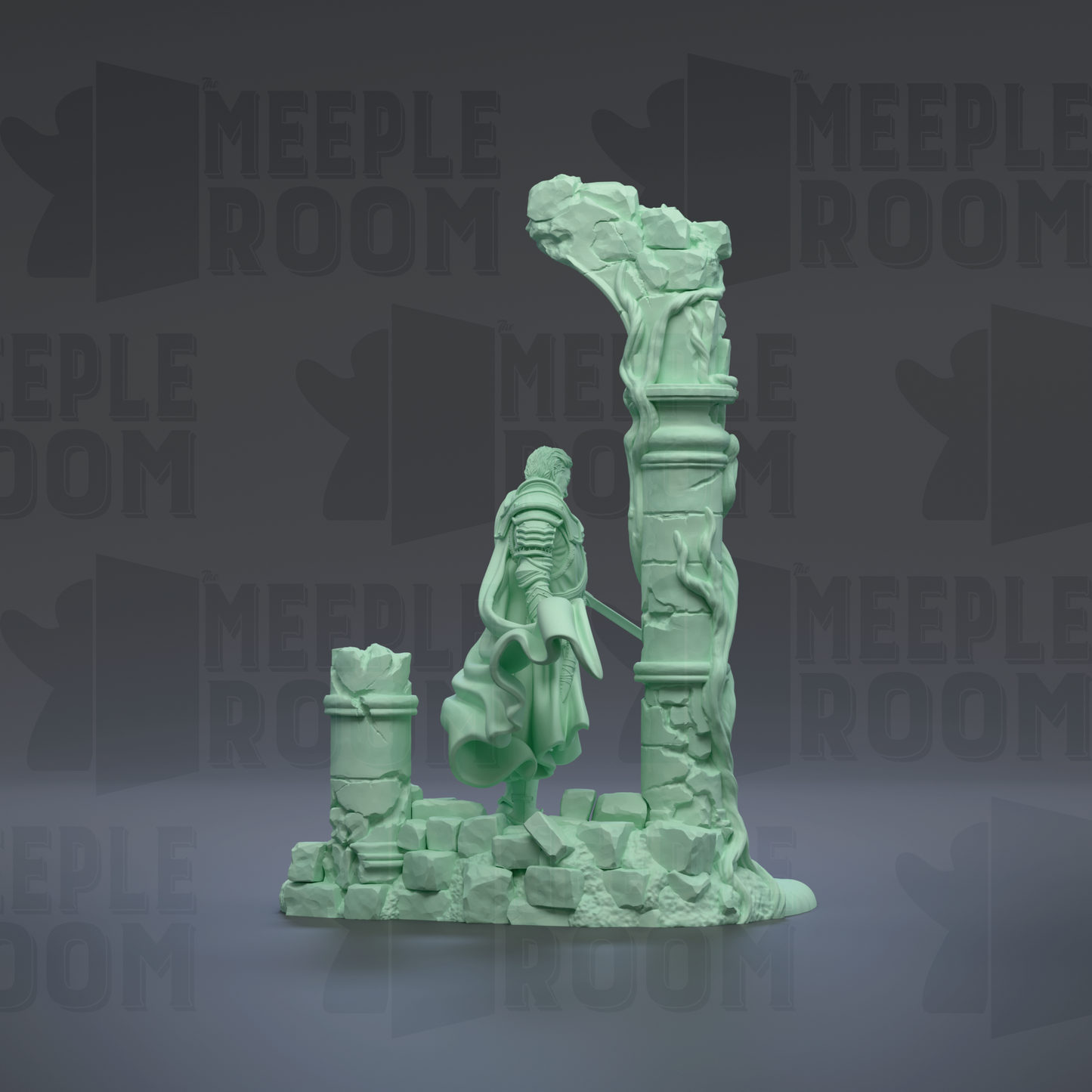 A green figurine of a person standing in front of a crumbling column, with the text "MEUPLE ROOM" repeated in the background.