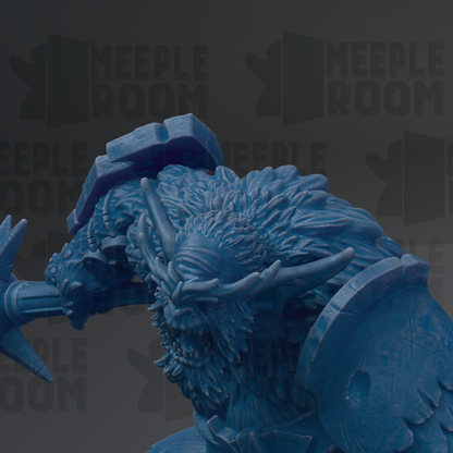 A close-up view of a blue, detailed sculpture of a fierce-looking creature with sharp teeth and claws, set against a dark background with repeated text.