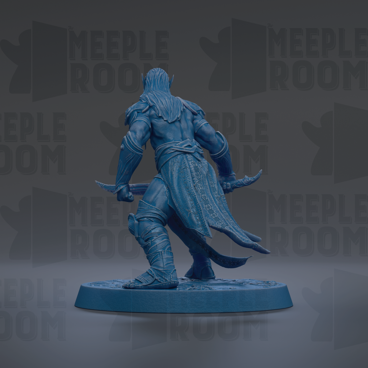 A blue warrior figurine with a flowing cape and sword stands on a circular base against a dark background with repeated "MEUPLE ROOM" text.