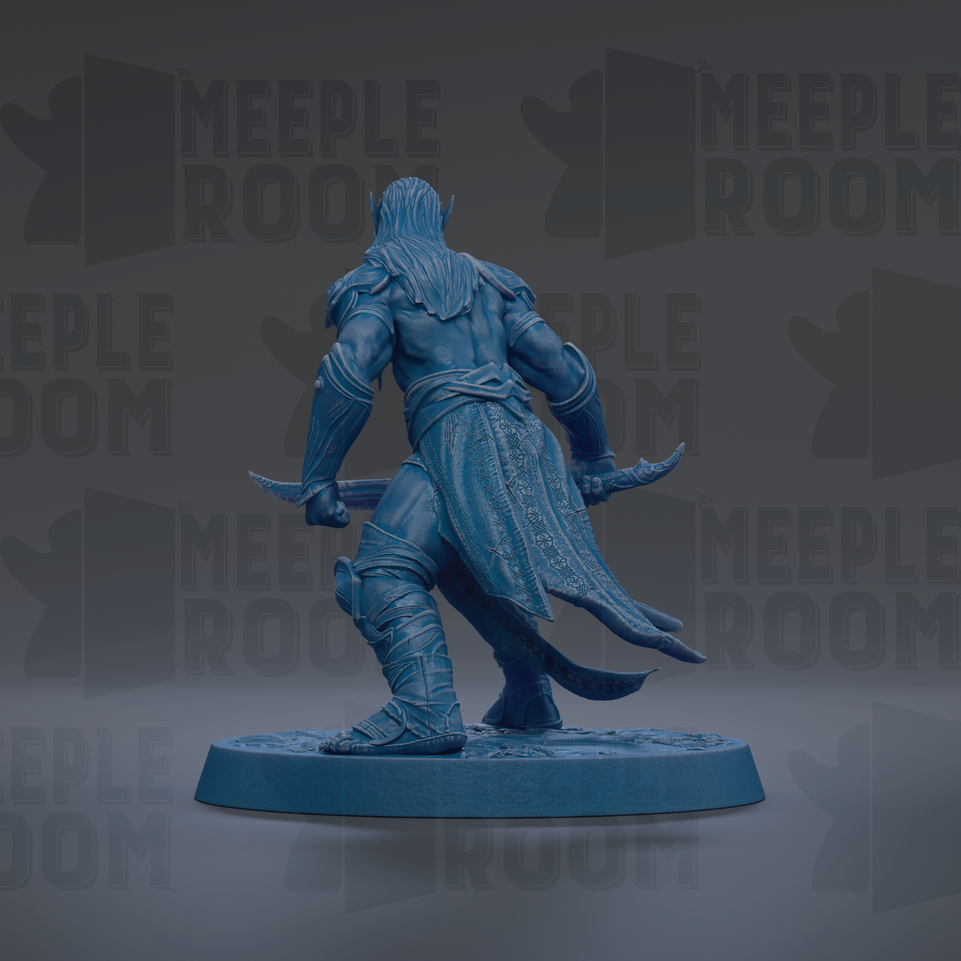 A blue warrior figurine with a flowing cape and sword stands on a circular base against a dark background with repeated "MEUPLE ROOM" text.
