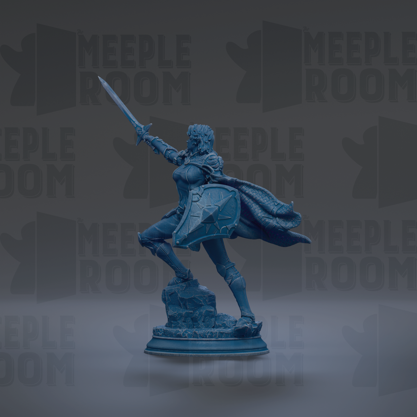 A blue statue of a female warrior standing on a rock, holding a shield and sword, with the text "MEUPLE ROOM" repeated in the background.