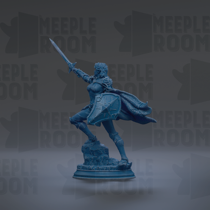 A blue statue of a female warrior standing on a rock, holding a shield and sword, with the text "MEUPLE ROOM" repeated in the background.