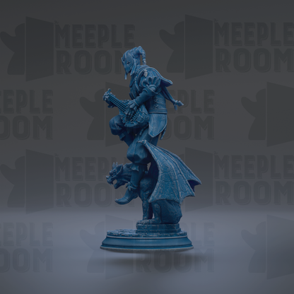 A blue statue of a person playing a musical instrument, standing on a pedestal with a dragon-like creature on its back.