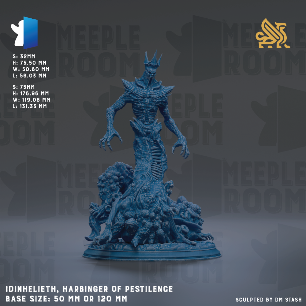 a blue statue of a serpent-like creature with a crown-like head, standing on a base. The statue is described as "idinheliith, Harbinger of Pestilence" and has a base size of either 50mm or 120mm. The image is a collage of various images, and the phrase "The image depicts" is not used.