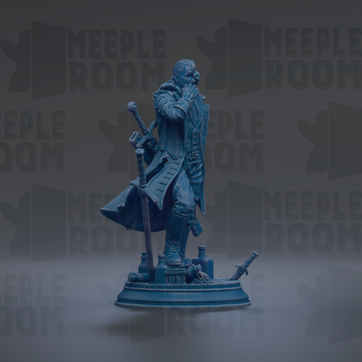 A blue statue of a person holding a sword and shield, standing on a pedestal.