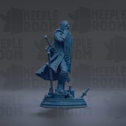 A blue statue of a person holding a sword and shield, standing on a pedestal.