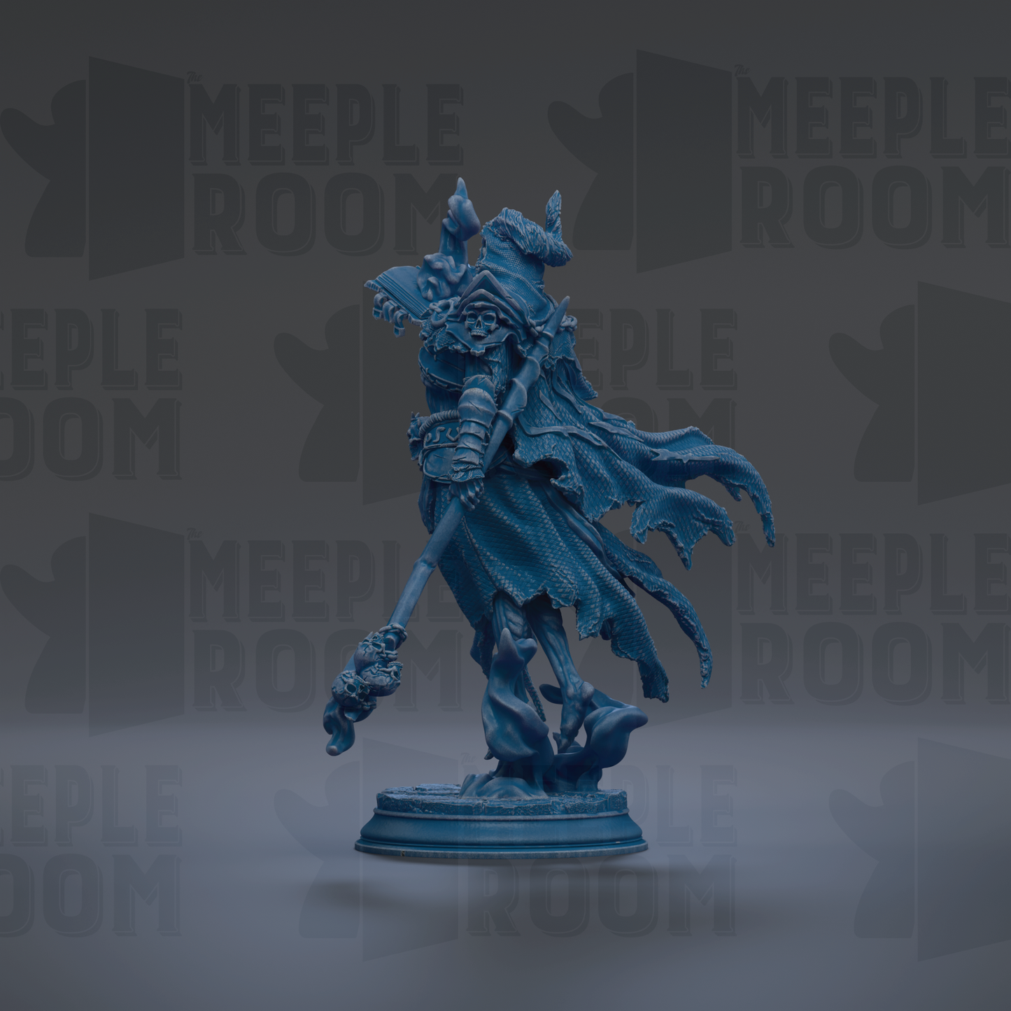 A blue figurine of a warrior figure with a flowing cape and a staff, standing on a pedestal against a dark background with repeated text.