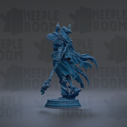 A blue figurine of a warrior figure with a flowing cape and a staff, standing on a pedestal against a dark background with repeated text.