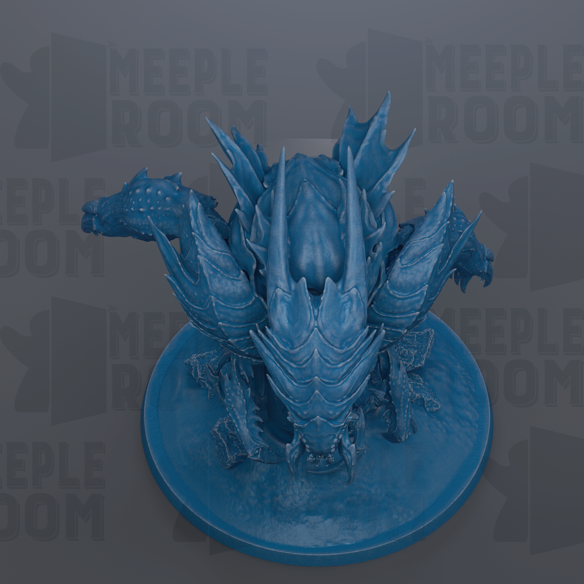 A 3D rendering of a blue, fantastical creature with sharp, pointed features and a large head, sitting on a blue base.
