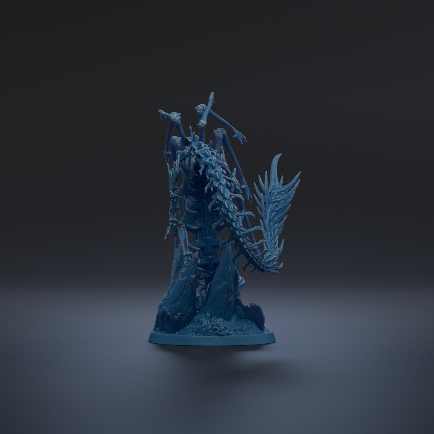 A 3D rendering of a blue, fantastical creature with intricate, organic-looking features, such as a long neck, tail, and wings, standing on a rock formation against a dark background.