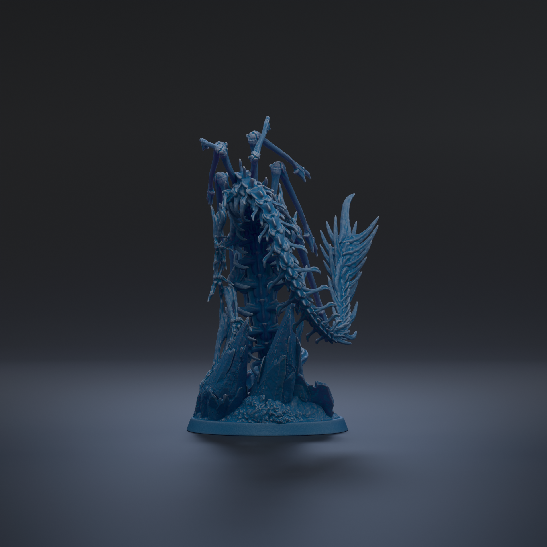 A 3D rendering of a blue, fantastical creature with intricate, organic-looking features, such as a long neck, tail, and wings, standing on a rock formation against a dark background.