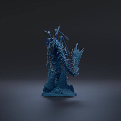 A 3D rendering of a blue, fantastical creature with intricate, organic-looking features, such as a long neck, tail, and wings, standing on a rock formation against a dark background.