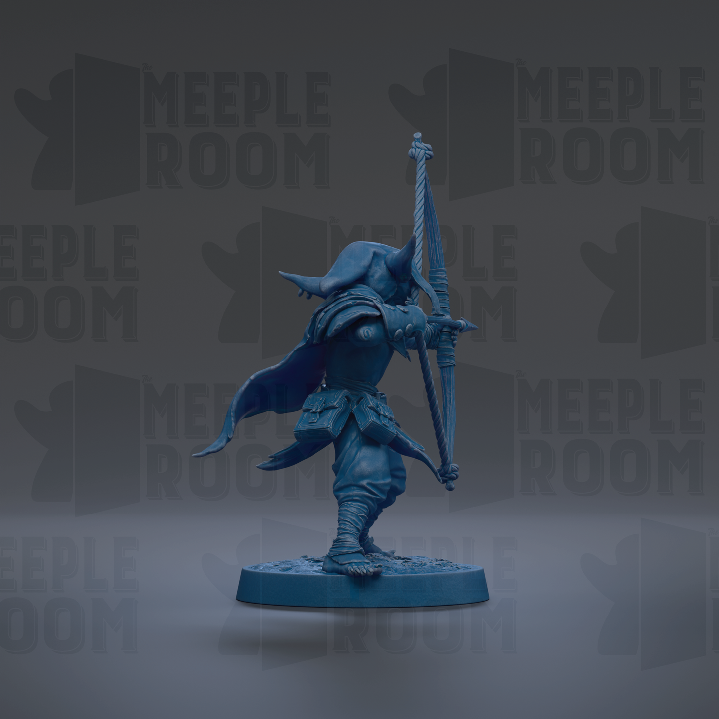 A blue figurine of a warrior-like character holding a bow and arrow, standing on a blue base against a dark background with repeated "MEUPLE ROOM" text.
