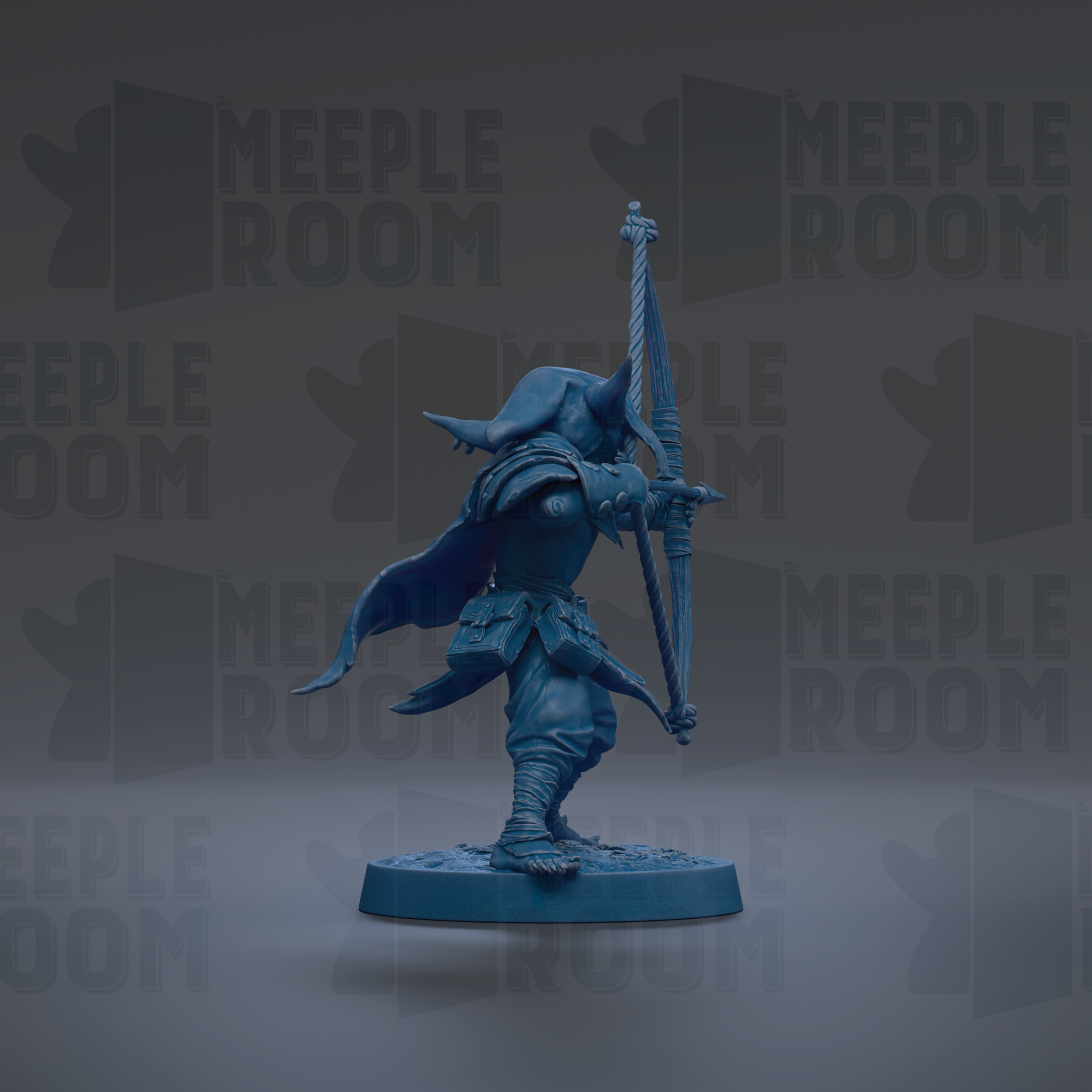 A blue figurine of a warrior-like character holding a bow and arrow, standing on a blue base against a dark background with repeated "MEUPLE ROOM" text.