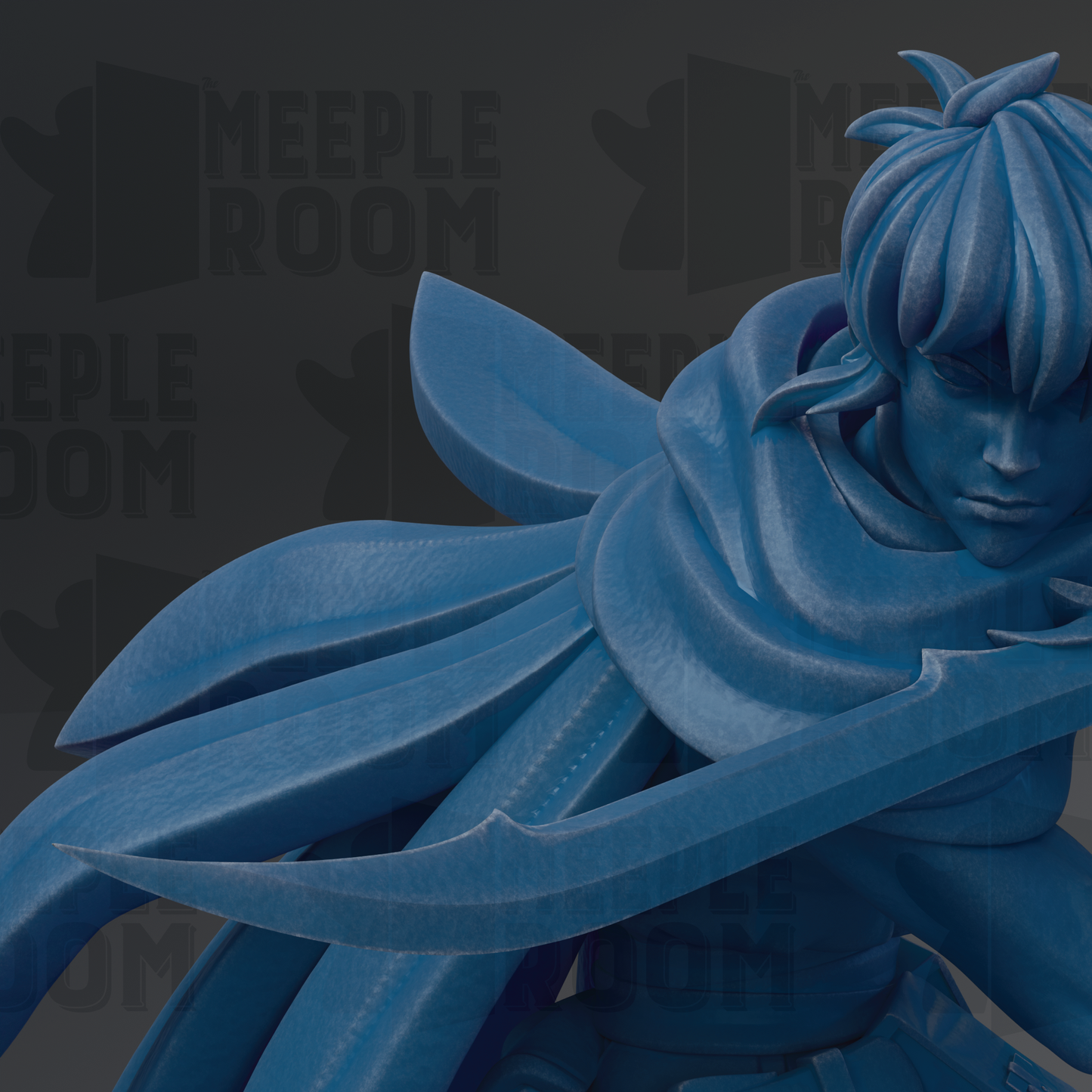 A close-up view of a blue, 3D-rendered character with flowing hair and a flowing cape, holding a sword.