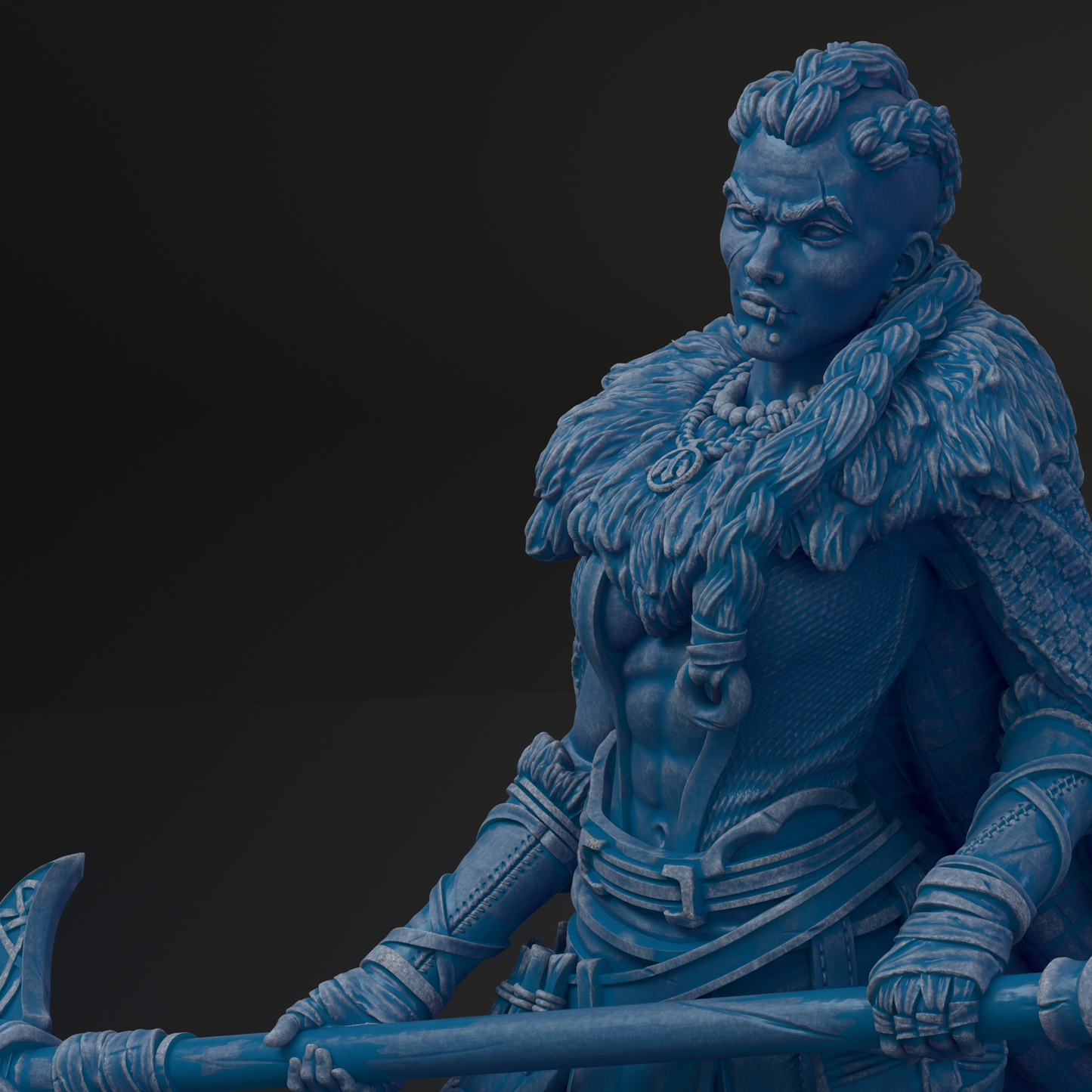 A blue statue of a warrior figure holding a weapon, wearing a fur-trimmed cloak and ornate armor.