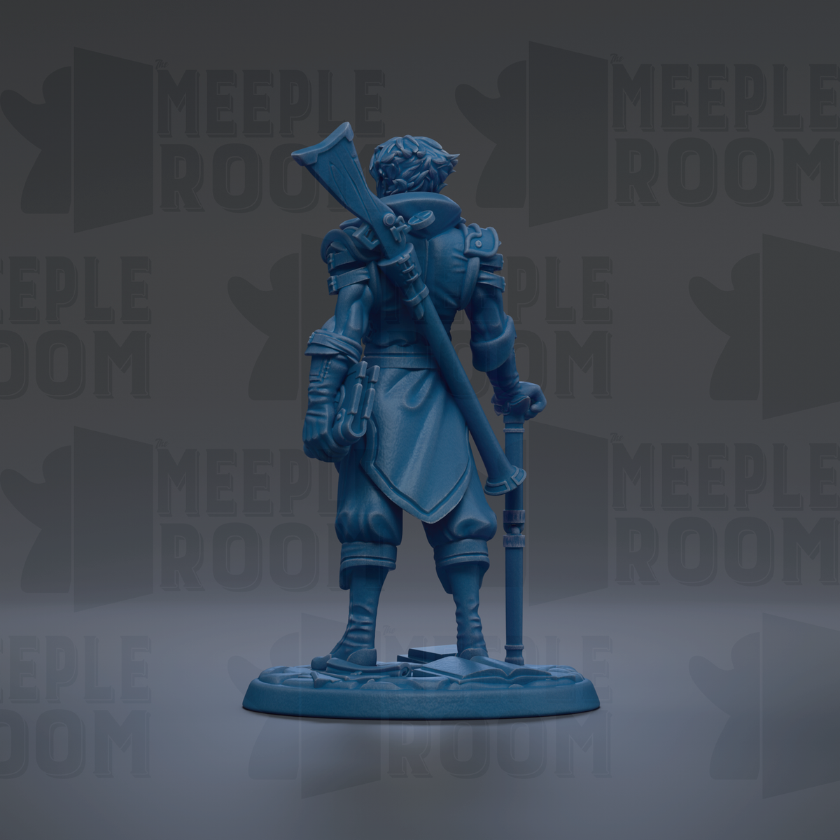 A blue figurine of a person holding a weapon and standing in a defensive stance, with the text "MEEPLE ROOM" repeated in the background.