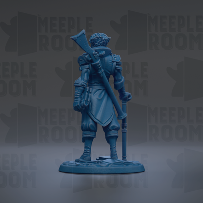 A blue figurine of a person holding a weapon and standing in a defensive stance, with the text "MEEPLE ROOM" repeated in the background.