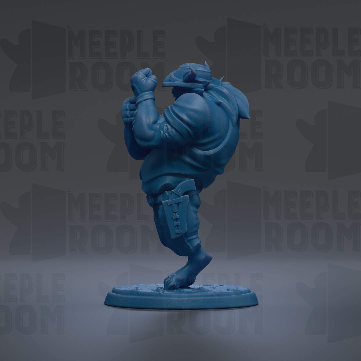 A blue figurine of a person standing on one leg, with a backpack on their back, against a dark background with repeated text.