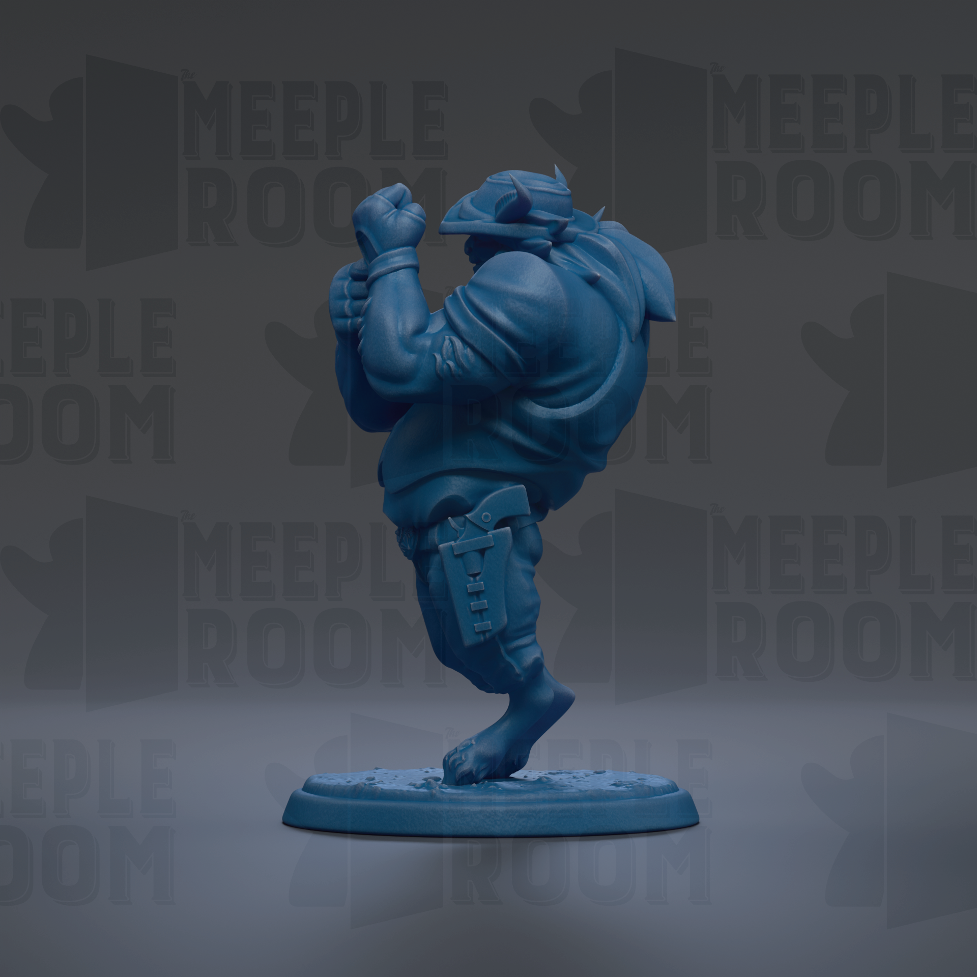 A blue figurine of a person standing on one leg, with a backpack on their back, against a dark background with repeated text.