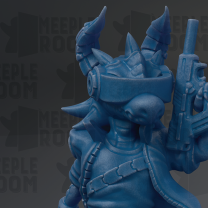 A blue, futuristic-looking toy figure holding a gun and wearing a helmet with spikes.
