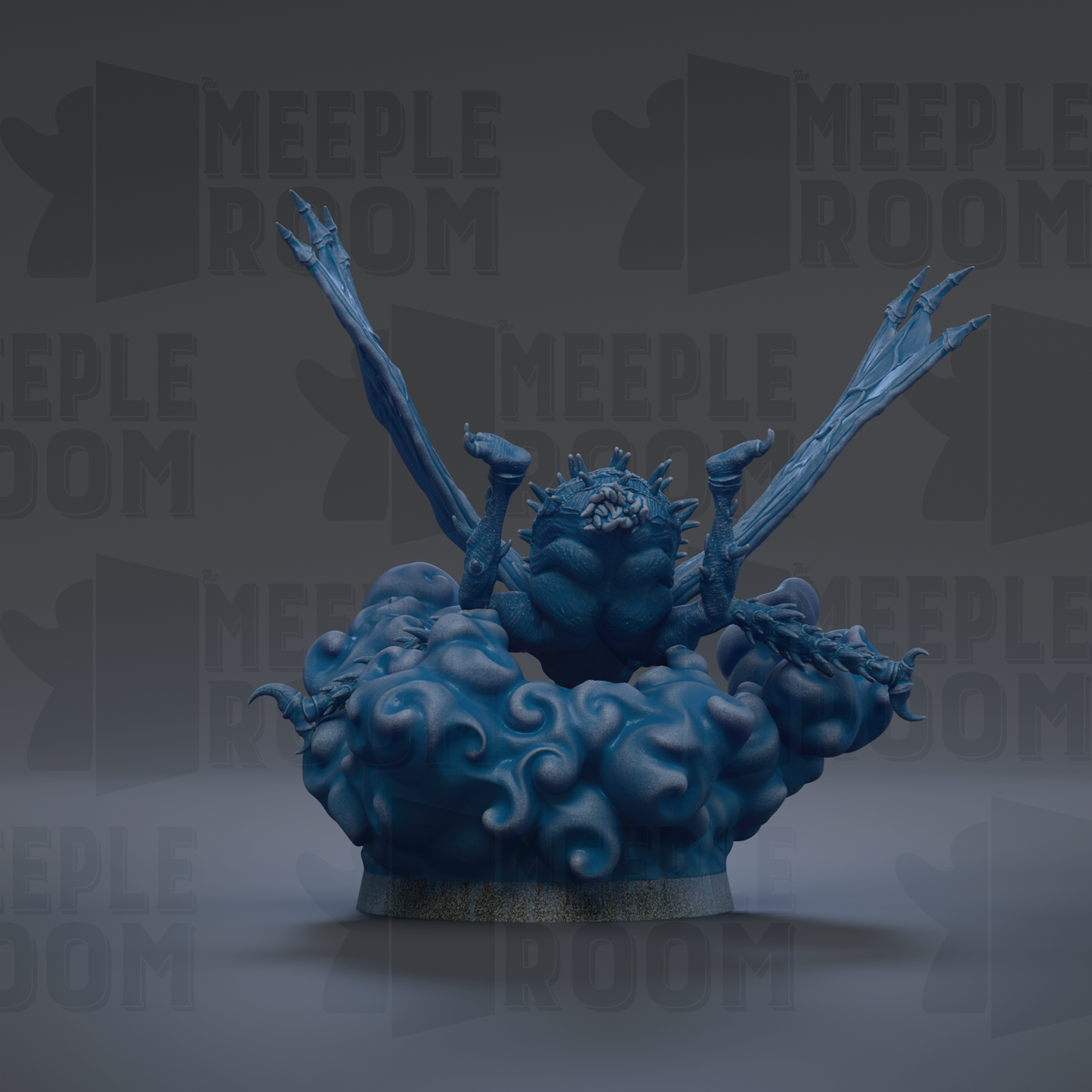 A 3D rendering of a blue, winged creature with sharp teeth, sitting on a cloud-like structure.