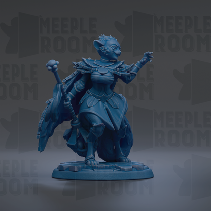 A blue figurine of a character with a sword and shield stands on a base against a dark background with repeated text.