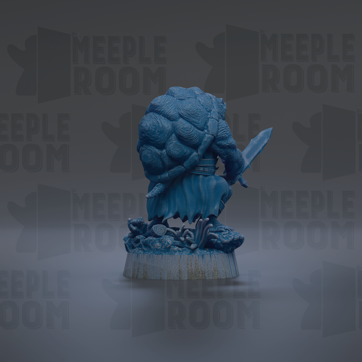 A blue figurine of a dragon-like creature with a large head and a sword, standing on a base.
