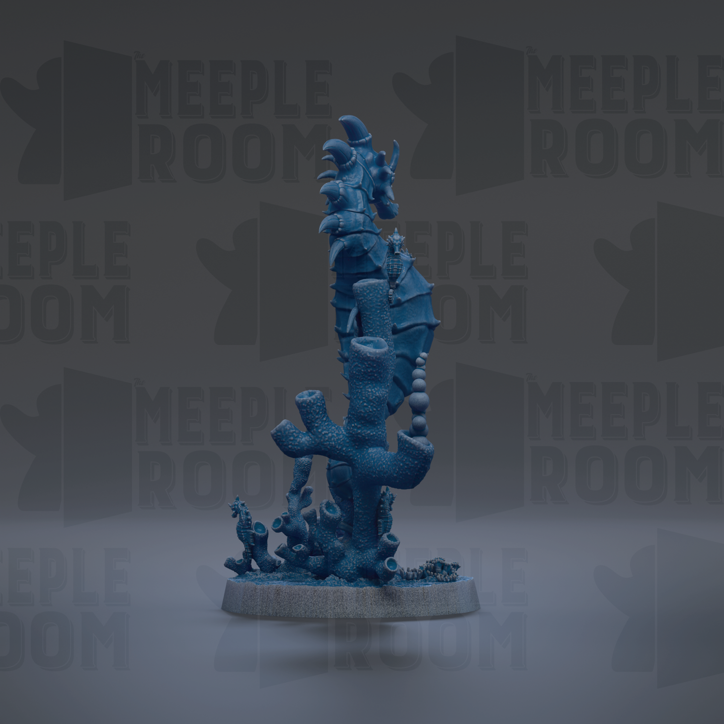 a blue, abstract sculpture resembling a sea creature or marine life, placed on a base and surrounded by other similar sculptures.
