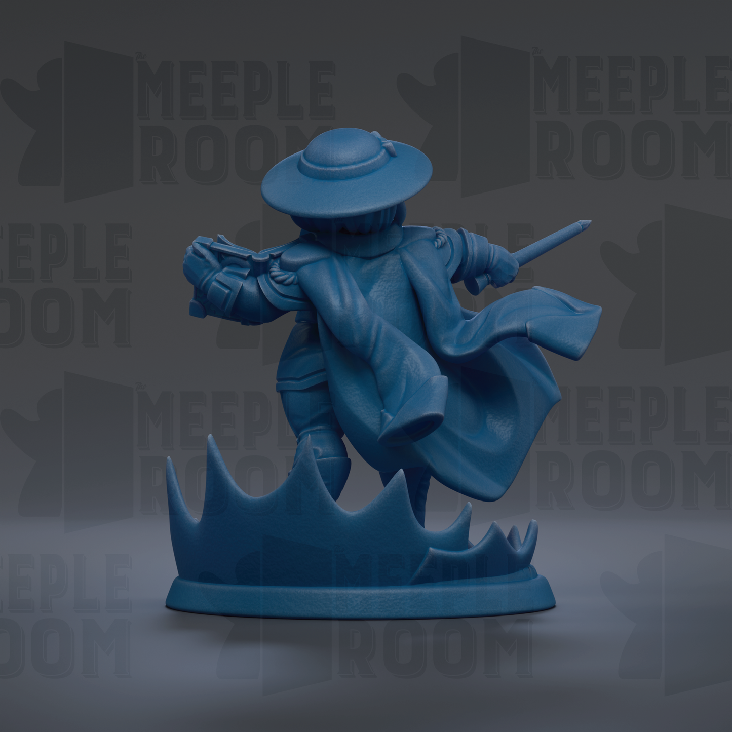 A blue figurine of a person in a cape and hat, holding a sword, is depicted against a dark background with the text "MEUPLE ROOM" repeated multiple times.