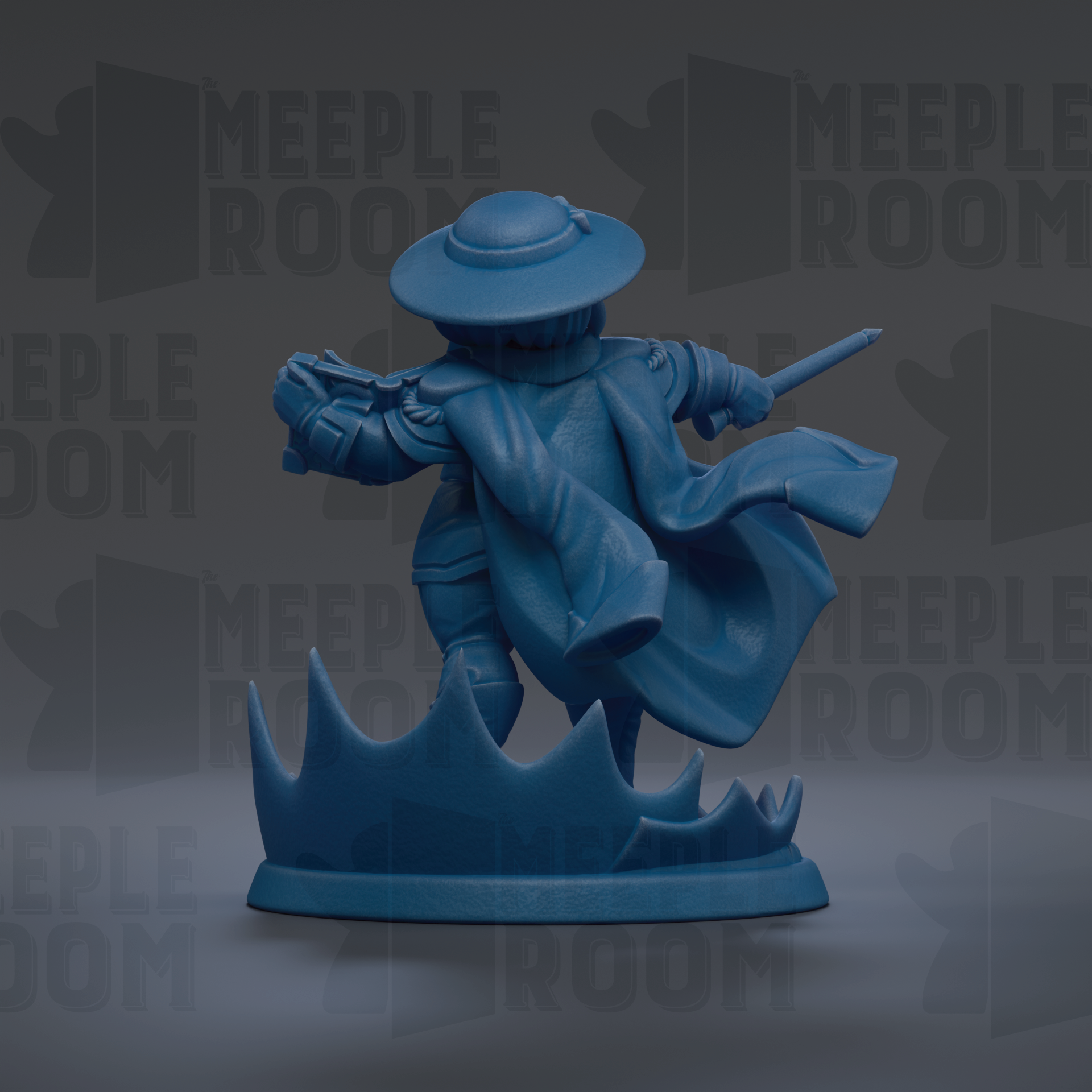 A blue figurine of a person in a cape and hat, holding a sword, is depicted against a dark background with the text "MEUPLE ROOM" repeated multiple times.
