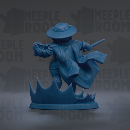 A blue figurine of a person in a cape and hat, holding a sword, is depicted against a dark background with the text "MEUPLE ROOM" repeated multiple times.