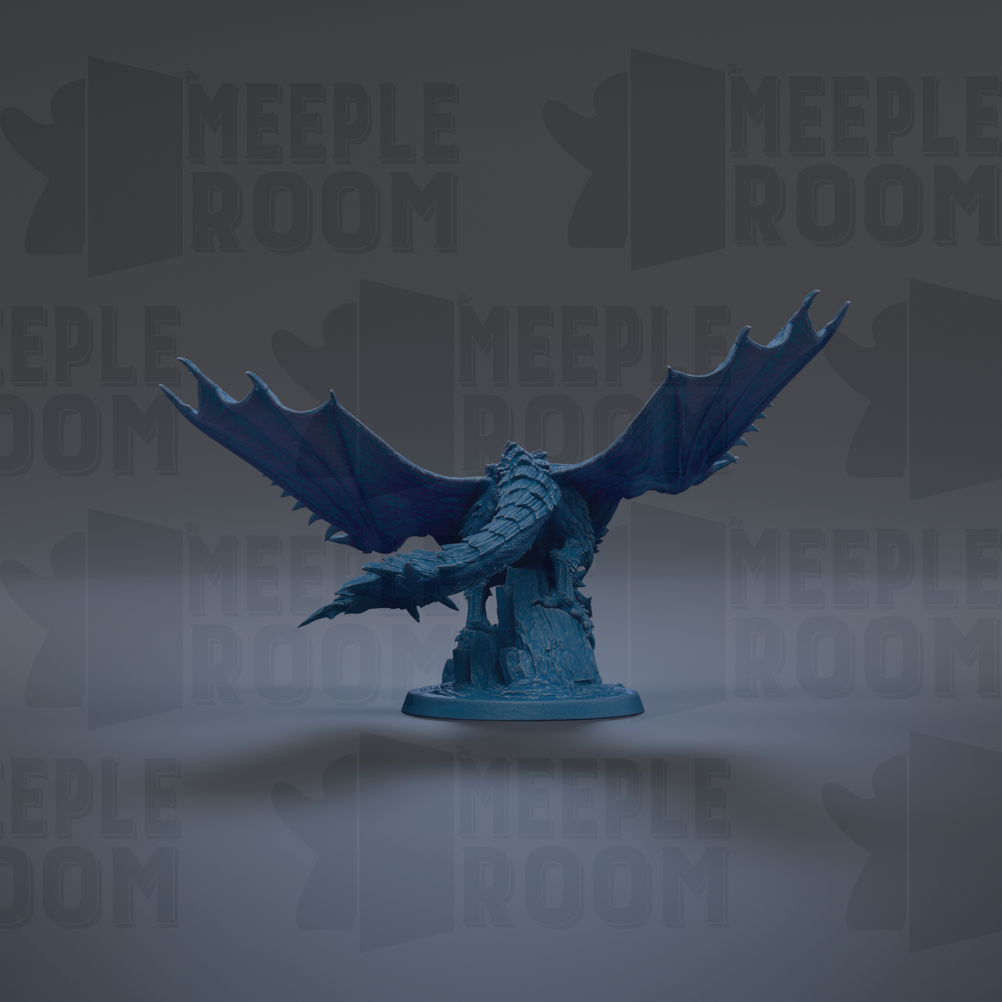 A blue dragon figurine with wings spread, standing on a base against a dark background with repeated text.