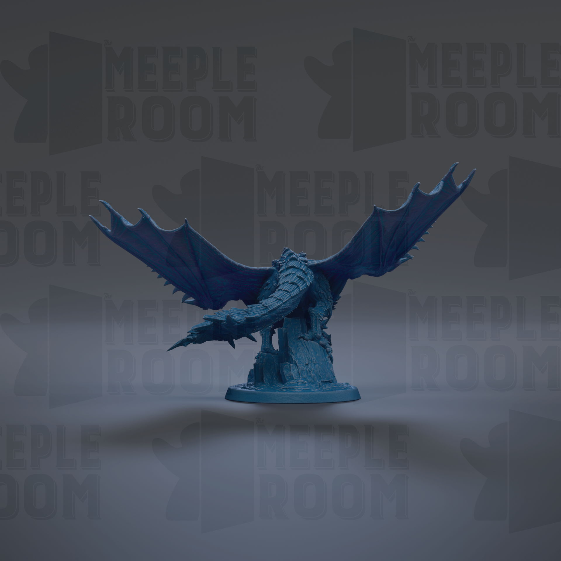 A blue dragon figurine with wings spread, standing on a base against a dark background with repeated text.