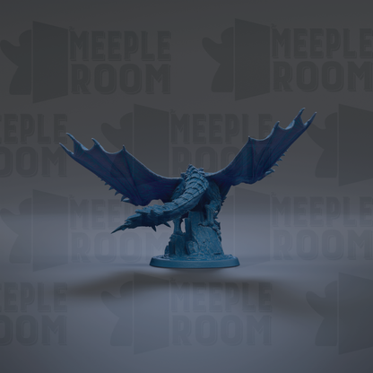 A blue dragon figurine with wings spread, standing on a base against a dark background with repeated text.